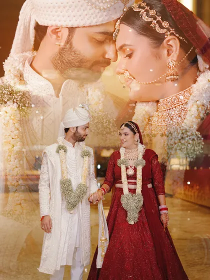 A romantic double-exposure portrait of the bride and groom on their wedding day. The artistic layering creates a dreamy and emotional image celebrating their union.