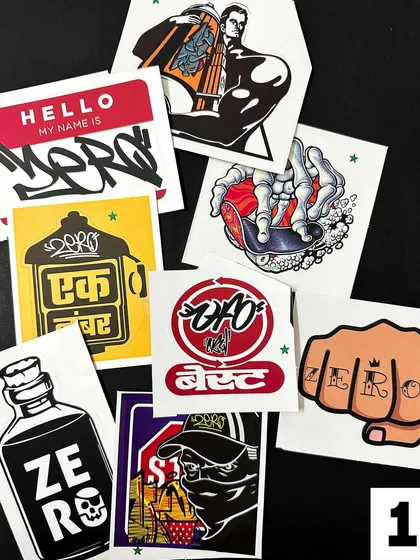 A collection of custom stickers I've designed. This pack includes my fist logo, a Devanagari script piece, and other iconic tags.