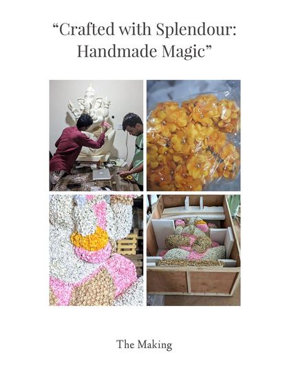 The making of the floral Ganesha sculpture. This collage shows the behind-the-scenes process, from the thermocol artists sculpting the form to the final piece being carefully packed for its journey to Turkey.