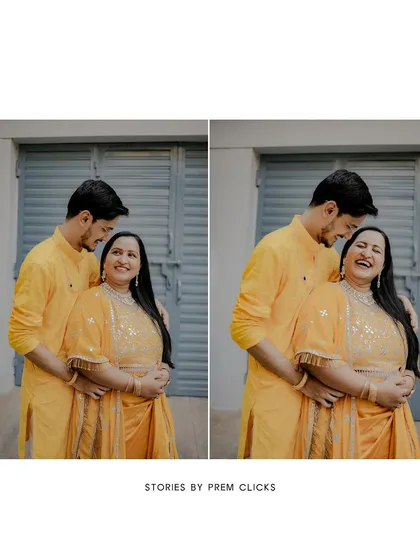 A diptych of a couple sharing a laugh during their Haldi ceremony photoshoot on a city street. This shows that we can capture the joy of traditional events in a modern, urban context.