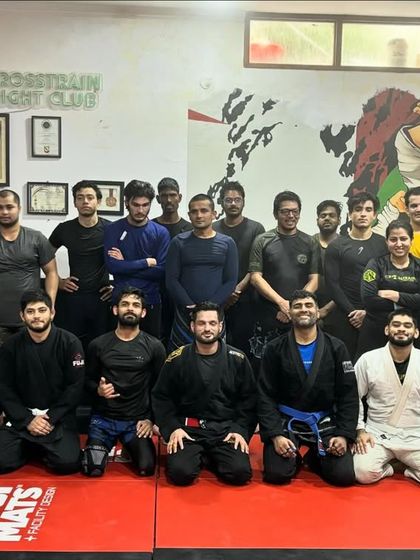 The team after a Sunday Jiu-Jitsu session. The mix of Gi and No-Gi attire shows the variety of grappling styles we practice.