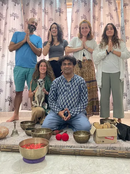 A group photo filled with smiles and gratitude after a successful Singing Bowl and Sound Healing course.
