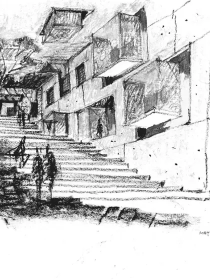 An early charcoal sketch for the classroom complex at IIM Bangalore. This drawing captures the initial thoughts on creating a grand staircase as a vibrant, informal spillover space that complements the campus's iconic central pergola.