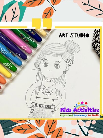 A sketch of a stylish girl, ready to be brought to life with color. Our drawing classes focus on teaching proportions and character design, giving young artists the skills to draw people and figures with confidence.