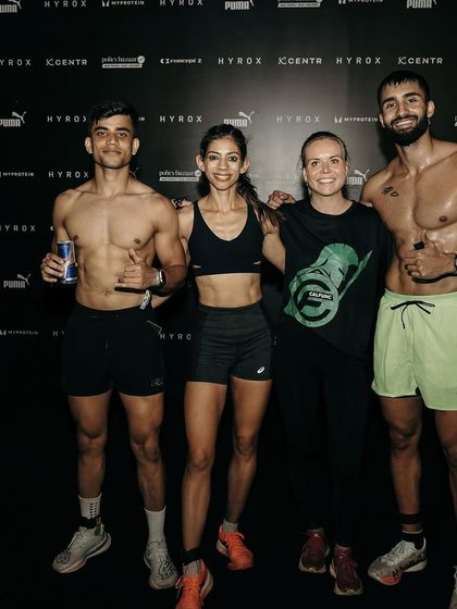 From a runner to a hybrid rockstar in two months. This photo captures the intensity and achievement of competing at HYROX, a journey of balancing running fitness with serious strength.