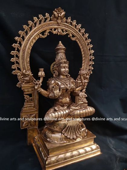 A side view of the 23-inch Mahalakshmi, showing the depth of the sculpture and the fine details on the pillars of the arch.