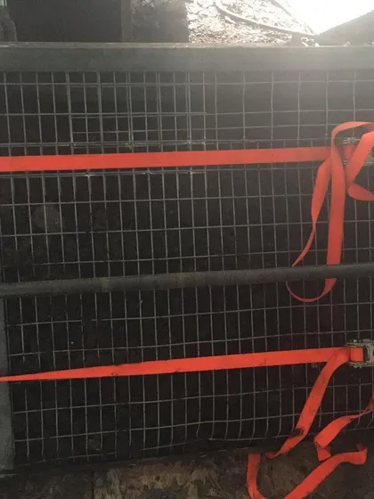 This was sifter design 2.0, held together with ratchet straps. The first attempt didn't vibrate enough, so we had to go back and add a motor.