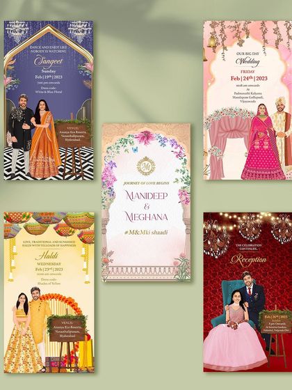 A showcase of my wedding static and PDF invites. This collage displays a variety of styles, from a glamorous Sangeet and traditional Haldi to an elegant Reception, all featuring custom couple caricatures.