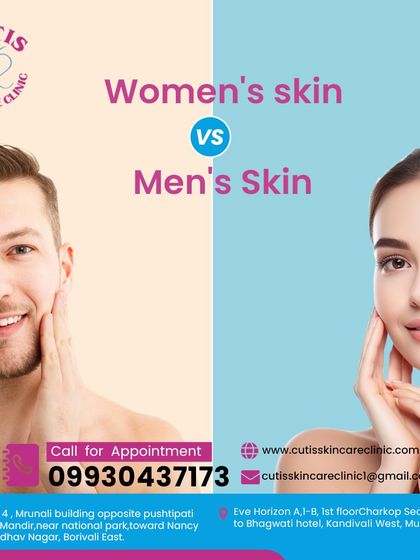 A comparative graphic illustrating that men's and women's skin have different characteristics and require tailored care, which we provide at our clinic.