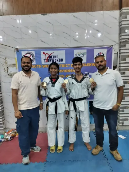 Our black belt students showcasing their medals from the district championship. Even our senior students continue to compete and win.