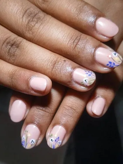 Perfection is what you get at my studio. This design features delicate, hand-painted wildflowers on a soft pink base on natural nails.