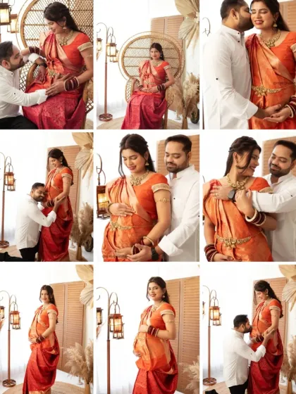 A vibrant collage from a traditional maternity shoot. The expecting mother looks radiant in a bright orange and red saree, with multiple poses showing her joy and the couple's love.