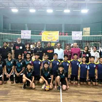 Our team with officials at the CBSE Cluster West Zone tournament hosted by MVM International School. We actively participate in the school and college competitive circuit.