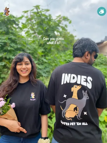 Our cause-driven t-shirts are designed to be conversation starters. This photo shows the front and back of our popular designs, perfect for any dog lover who wants to proudly show their support for Indian dogs.