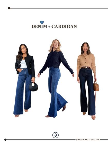 Create a cozy and stylish look by pairing your favorite denim with a cardigan. Whether it's a cropped style or a classic button up, this combination is perfect for transitional weather.