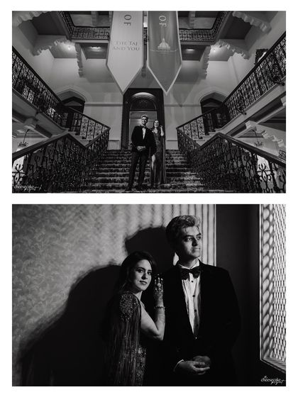 A dramatic black and white collage of the couple, using shadows and architecture for a moody, high-fashion feel.