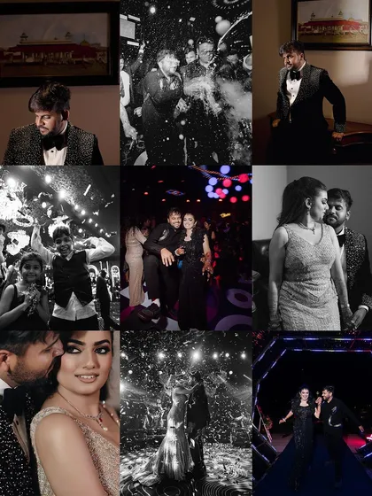 A large collage capturing the full spectrum of the cocktail party: dancing, portraits, and candid moments of celebration.