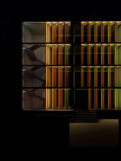 A facade study exploring patterns of colored fins for an urban building. This rendering tests how the composition of colors works at night.