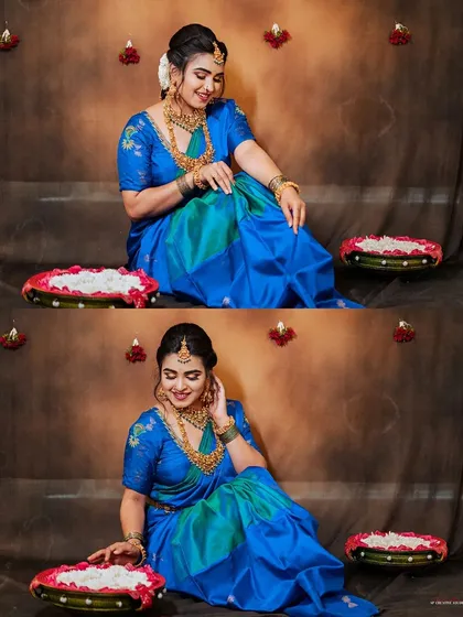 A diptych showing two full-body seated poses. This allows clients to see how the saree drapes and looks from slightly different angles, providing a complete picture of the garment's elegance.