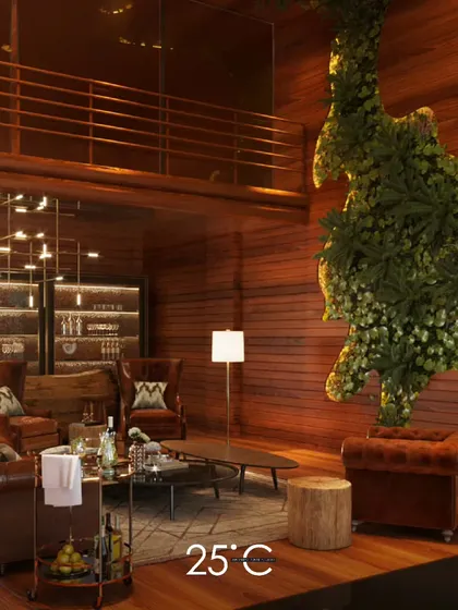 A concept for a luxurious lounge and bar area, fully paneled in rich, warm wood. The design features classic leather seating, integrated wine storage, and a striking biophilic element with a large, suspended plant sculpture.