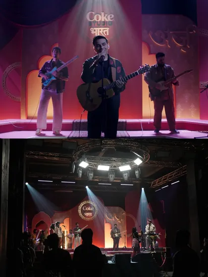 The lighting rig for Coke Studio Bharat. This before-and-after view shows how our overhead truss with multiple fixtures creates the beautiful shafts of light seen in the final performance.