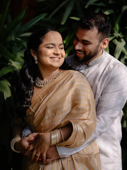 A happy and relaxed portrait of the couple. This is what it's all about: feeling comfortable and looking like yourself on your special day.