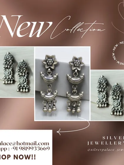 A graphic showcasing our newly arrived stunning silver oxidised earrings. The collage features two different styles of danglers.