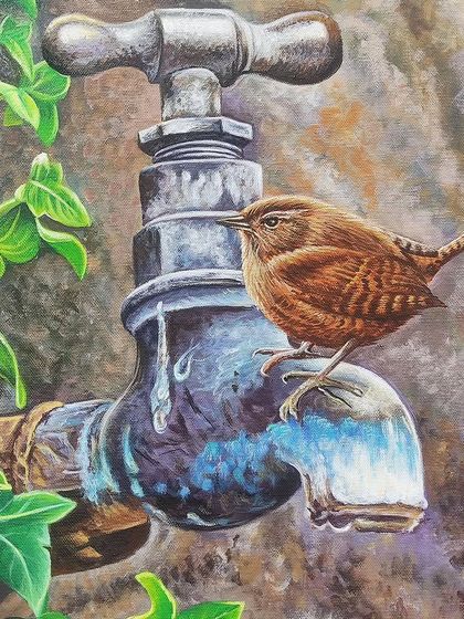 A charming acrylic painting of a small bird perched on a water tap. We teach how to capture the fine details of wildlife and the textures of metal and nature.