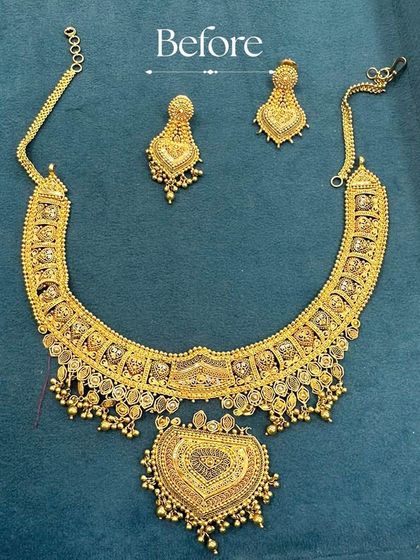 The "Before" of a beautiful transformation. This traditional gold necklace and earring set held sentimental value but was ready for a modern update to become a show-stopping piece.