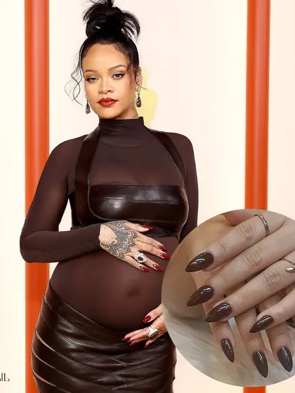 Get Rihanna's iconic red carpet look with these dark, pointed nails. This style, inspired by her Oscar look, is the perfect example of bold and elegant maternity glamour.