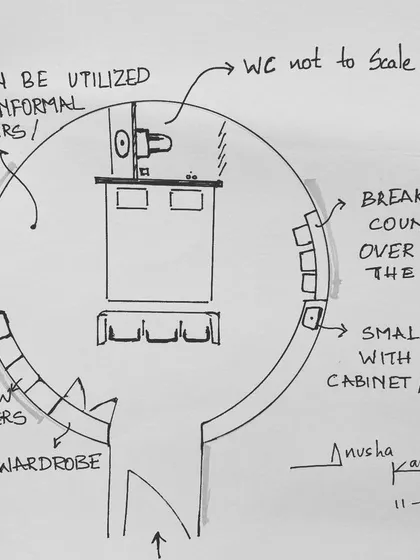 Every great design starts with a sketch. This is a hand-drawn floor plan I created for a unique circular room, mapping out the placement of a breakfast counter, window seating, and other elements to maximize space and functionality.