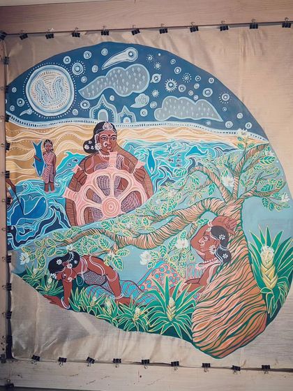 "Neidhal" in progress, stretched on the custom frame I built in my studio. This piece explores the biome of the sea, with its unique flora, fauna, and the emotion of aspiration.