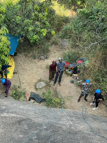 A view from above of our workshop setup. We choose crags that are ideal for beginners, with plenty of space and accessible routes.