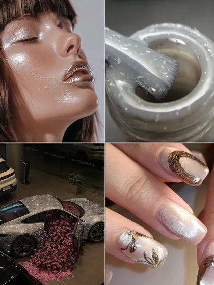 A mood board capturing the essence of a high-glam, glittery lifestyle. This is the inspiration behind many of my chrome and cat-eye nail sets, perfect for a night out.