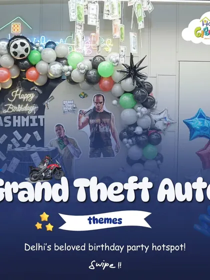 For the older kids, I can create exciting themes like this Grand Theft Auto party for Ashmit. The decor includes character cutouts and game-inspired elements, making it a cool and memorable celebration for any video game fan.