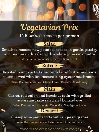 I ensure my tasting menus cater to every preference. This is the vegetarian prix fixe menu from our New Year's feast, featuring dishes like roasted pumpkin tortellini and a hazelnut tatin, each with a recommended wine pairing.