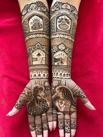 A classic portrait design with clean lines. The palms feature the bride and groom, while the arms depict wedding rituals and palace architecture.