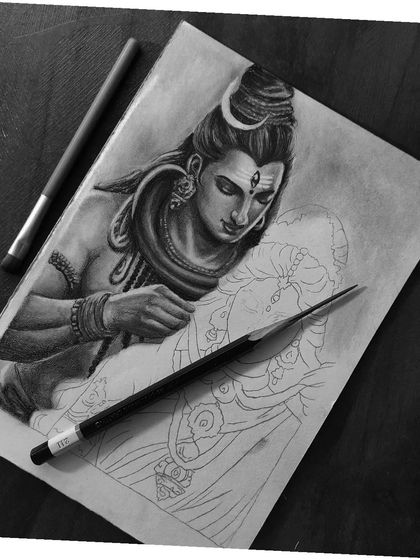 A work-in-progress shot of the Shiva and Parvati piece, showing the initial shading on Shiva while Parvati remains an outline. This gives a glimpse into the 16+ hours of work.