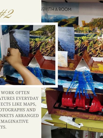 Another clue from our "Guess the Artist" game, this time highlighting the use of everyday objects like maps and photographs in an imaginative collage.