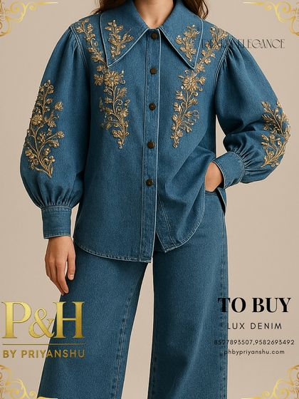 A detailed view of the azure blue denim shirt, focusing on the rich gold embroidery that adorns the collar and puff sleeves.