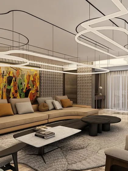 This multi-story family home on Carter Road is artfully curated to reflect quiet luxury. The living room features a unique ceiling light installation with abstract lines, introducing a sense of drama, while bespoke art pieces take center stage.