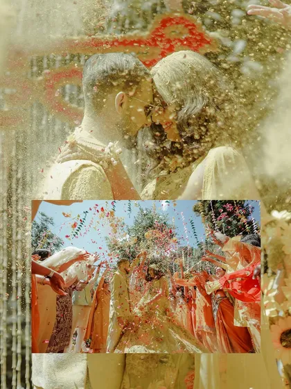 The Haldi ceremony is all about unrestrained joy. I love capturing the energy of these moments, like this explosion of flower petals, which adds color and life to your wedding album.