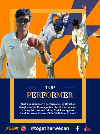 A spectacular all-round performance by Bhushan Sanghvi, scoring 94 runs and taking 5 wickets in the same Cosmopolitan Shield tournament.