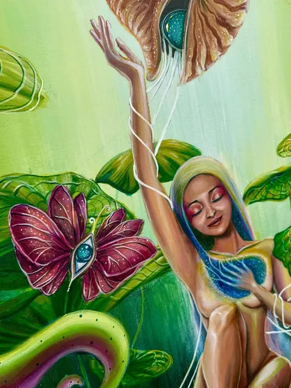 Detail of the hand reaching towards a shell, symbolizing receiving wisdom and energy from the universe.
