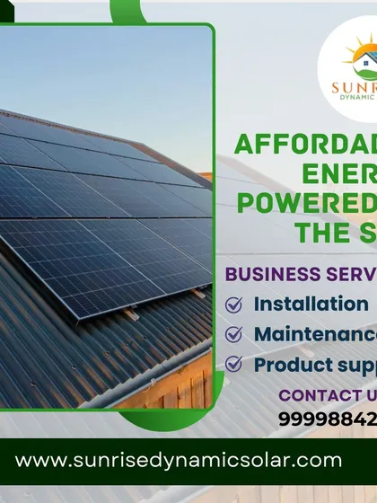 Affordable energy, powered by the sun. This graphic lists our core business services: installation, maintenance, and product supply.