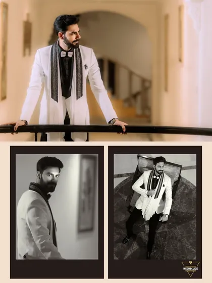 A collage of the groom's portraits, showcasing his dapper style in a modern white and black suit.