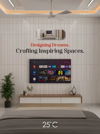 A minimalist bedroom design focused on clean lines and tranquility. The entertainment wall features subtle vertical grooves and a simple floating console, creating an uncluttered and peaceful environment for relaxation.