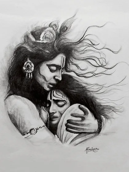 The full view of the Radha Krishna embrace sketch. I used charcoal to create the soft, flowing hair and the intense emotion on their faces.