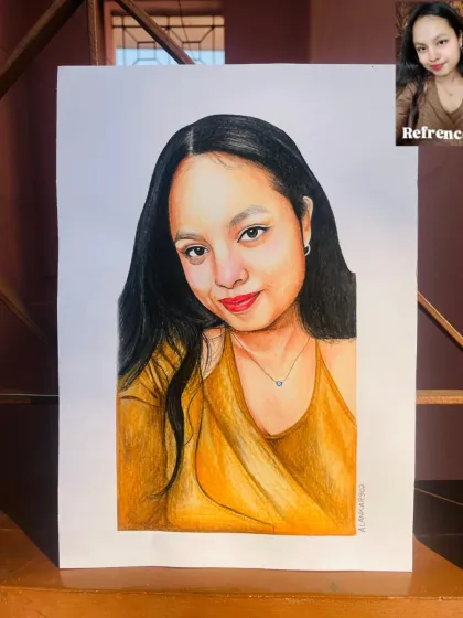 Another angle of this custom color portrait, showing the reference photo on the phone. It helps to see how I translate a digital image into a handmade piece of art.
