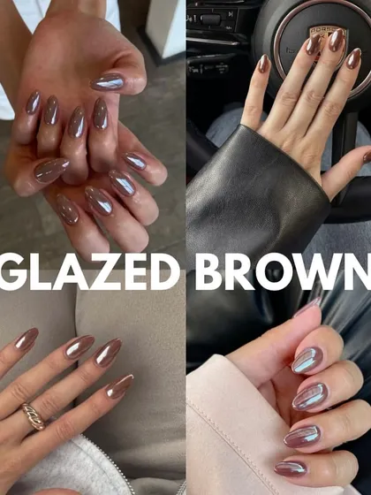 Glazed brown or "chocolate donut" nails are so trendy and delicious-looking. The chrome finish gives them a beautiful shine.